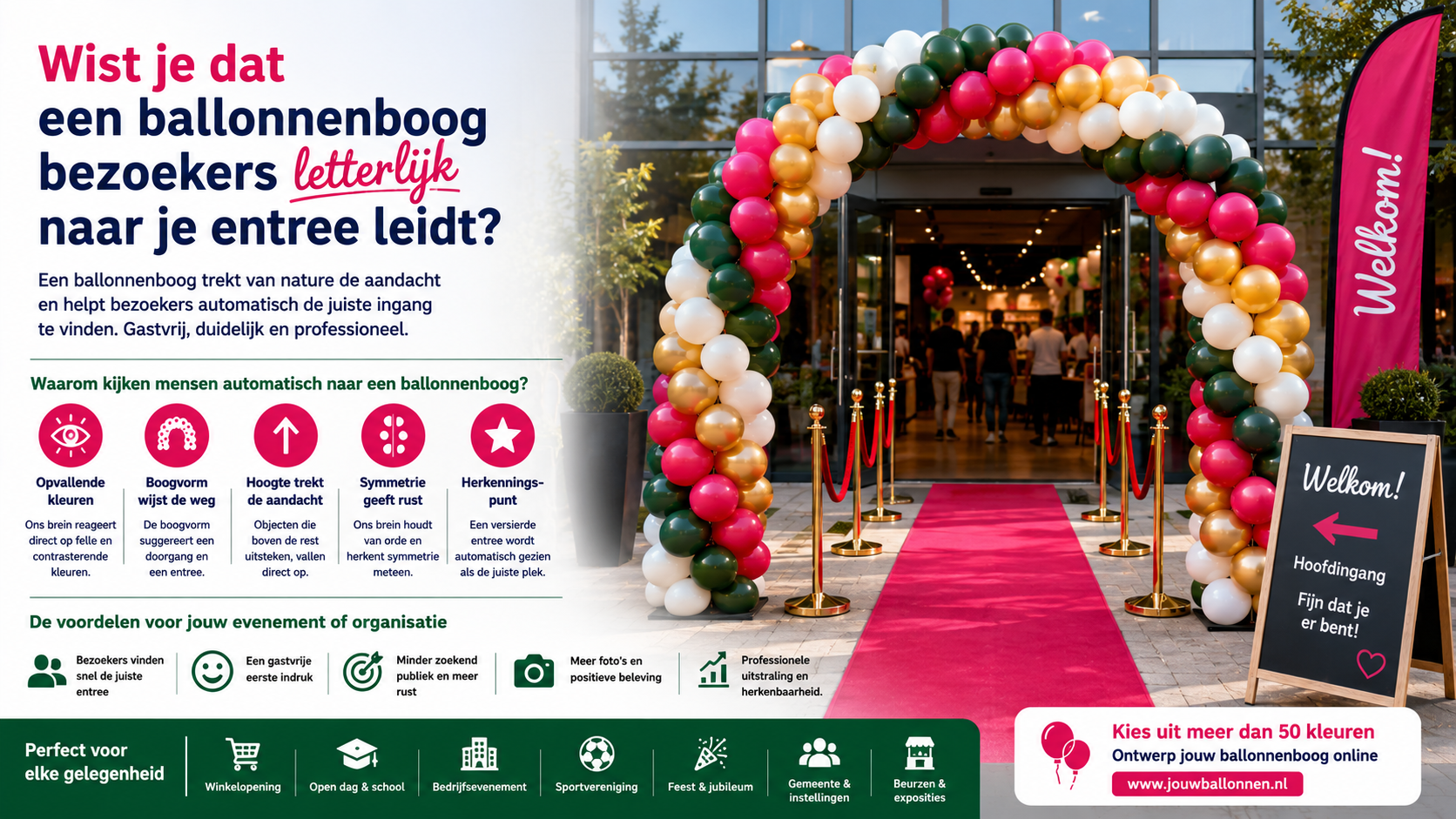 een ballonnenboog trekt bezoekers letterlijk naar je entree
