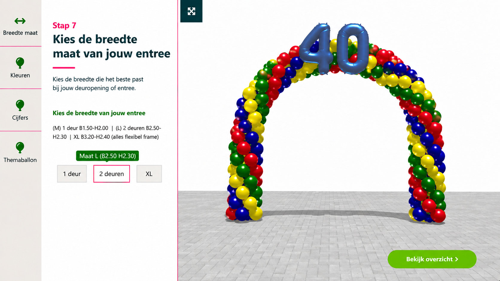 kies de breedtemaat van de ballonnenboog
